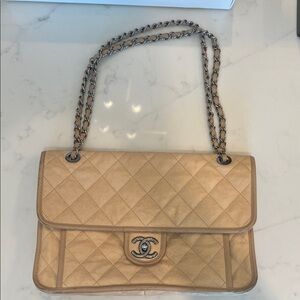 CHANEL Beige Quilted Leather Shoulder Bag with Chain Strap